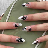 Fashionkova French Fake Nails Red Five-pointed Star False Nails Full Cover Press on Nail Tips y2k Nail Art Almond Artificial Nail Patches