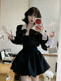 Winter French Elegant One Piece Dress Women Black Patchwork Vintage Party Mini Dress Female Korean Style Sweet Chic Dress 2023