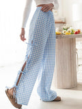 Fashionkova Women Wide-Leg Pants Plaid/Stripe Print Side Tie-Up Loose Trousers Spring Summer Casual Sweatpants Bottoms