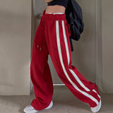 Fashionkova Christmas outfit American Contrasting Vintage Drawstring Sweatpants Fashion Straps Straight Wide Leg Pants Baggy Mopping Trouser Ladies Summer