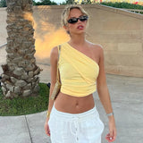 Fashionkova  Y2K Casaul Solid Color Summer Women T Shirt Pullover Slash Neck One Shoulder Sleeveless Crop Tops Ruched Slim Basic El