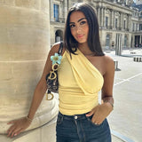 Fashionkova  Y2K Casaul Solid Color Summer Women T Shirt Pullover Slash Neck One Shoulder Sleeveless Crop Tops Ruched Slim Basic El