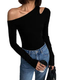 Fashionkova Fashion Skew Collar Off-shoulder Long-sleeved T-shirts Women Spring New Solid Slim Fit Crop Top Sexy Hollow Out Tees Shirts