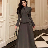 Fashionkova Vintage Chic Two-piece Skirt Set Women Long Sleeve Top Fishtail Midi Skirt Autumn Solid Korean Fashion Outfits Female Clothing