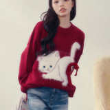 Fashionkova Christmas outfit Sweet Bow Christmas Sweater Women Korean Round Neck Soft Glutinous Cat Cute Academy Loose College Winter Festival Lady Knitwear