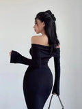 Fashionkova Long Dress Y2K Long Sleeve Dress Women Clothes Off Shoulder Maxi Dress Autumn Winter Streetwear Bodycon Trumpet Black Dress