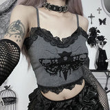 Sexy Lace Patchwork Transparant Back Body Crop Top Women Sleeveless Clubwear Gothic Style Skull Graphic Embroidery Black Camis