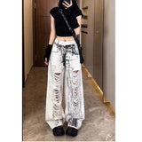 Fashionkova Women Grey Ripped Jeans High Waist America Feeling Street Wide Leg Pants Y2K Vintage Ins Straight Baggy Plus Size Denim Trousers