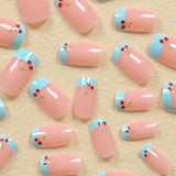 Fashionkova 24pcs Medium Size Square False Nails Sea Blue French Red Small Cherry Nail Patches