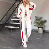 Fashionkova Y2K Striped Zipper Coat+sweatpants Two Piece Set Women Casual Batwing Sleeve Sports Jacket Outfits Autumn Winter Sweatshirt Suit