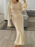 Fashionkova  Women Knitted Long Dress Long Flare Sleeve Backless Tie-up Round Neck Solid Color Ruffles Hem Dress Beachwear Vestido