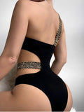 Fashionkova Christmas Gift 2024 Metal Chain Shoulder Swimsuit Women One Piece Hollow Out Swimwear Female Bodysuit Bathing Swimming Suit Bathers Beachwear