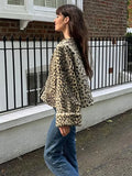 Fashionkova Fashion Leopard Printed Single-breasted Short Jacket Loose O-neck Long Sleeve Warm Coats 2024 Lady Commute High Street Outerwear