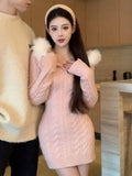 Fashionkova Christmas outfit 2023 Winter Christmas Knitted Sweater Dress Hooded Women Slim Bodycon Y2k Mini Dress Fur Female One Piece Dress Korean Elegant