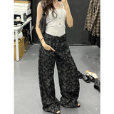 Fashionkova Vintage High Waist Women Black Jeans Printing Fashion Streetwear Wide Leg Jean Female Denim Trouser Straight Baggy Denim Pants