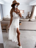 Fashionkova Solid Color Lace Hollow-Out Maxi Dress Spaghetti Strap Sleeveless V Neck White Dresses High Waist Holiday Casual Women Clothing