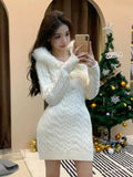 Fashionkova Christmas outfit 2023 Winter Christmas Knitted Sweater Dress Hooded Women Slim Bodycon Y2k Mini Dress Fur Female One Piece Dress Korean Elegant