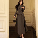 Fashionkova Vintage Chic Two-piece Skirt Set Women Long Sleeve Top Fishtail Midi Skirt Autumn Solid Korean Fashion Outfits Female Clothing