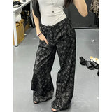 Fashionkova Vintage High Waist Women Black Jeans Printing Fashion Streetwear Wide Leg Jean Female Denim Trouser Straight Baggy Denim Pants