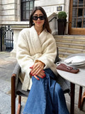 Fashionkova Christmas Gift Outfit  Women Fashion Lapel Full Sleeve Simple Coat Elegant White Woolen Blends Suit Jackets With Belt Lady Casual Highstreet Outerwear