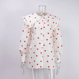 Fashionkova Christmas Gift outfit  Big Peter Pan Collar Ruffle Womens Blouse Heart Print Long Sleeve Cotton Shirts Tops Female Spring Summer Frill Shirt