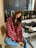 Fashionkova Korean style Women Red Streak Striped Cardigans Contrast Color V Neck Spring Autumn Cardigan Women Single Breasted Sweaters