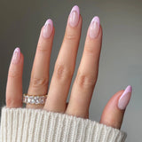 Fashion Women Girls Long Oval Shaped French Pink Border Stripes Full Coverage Wearable Fake Nail Press on Nail Art 24Pcs/Set ﻿