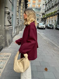 Fashionkova 2024 New Fashion Burgundy Red Woolen Suit Jacket With Scarf Collar Women Chic Oversized Flip Pockets Solid Coats Lady Streetwear