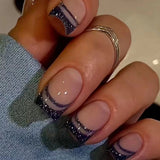 Fashionkova 24Pcs Long Coffin False Nails with Star Rhinestones Black Y2K Nail Art French Gradient Full Cover Press on Nail Tips for Girls