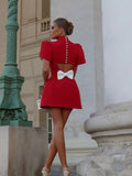 Fashionkova Christmas gift Christmas outfit 2024 Elegant Women Luxury Formal Hollow Red O-neck Mini Dress Fashion Bow Pad Shoulder Evening Dresses Lady Street Party Vestido