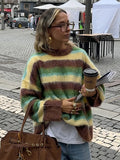 Fashionkova Mohair Striped Elegant Sweater Women Oversize Long Sleeve Contrast Color O-neck Pullover Female Jumper 2024 Autumn Colorful Tops