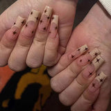Fashionkova 24Pcs Long Coffin False Nails with Star Rhinestones Black Y2K Nail Art French Gradient Full Cover Press on Nail Tips for Girls