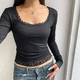 Fashionkova Black Sexy Lace T-shirt Women Autumn New O-Neck Long Sleeves Tees Fashion Streetwear Casual Slim T-shirt Lady Versatile Clothing