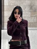 Fashionkova Christmas gift Christmas outfit Fashion  Burgundy 2pcs Lapel Long Sleeve Single Breasted Top Short Pant Suit Elegant Solid Shoulder Pad Sets Lady Slim Fall Suit