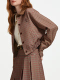 Fashionkova  Women Jacket Skirt Sets Red Brown Retro Plaid Female Drop Sleeve Casual Short Coats Pleated Skirt 24FS13343+24FS13347