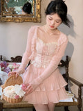 Fashionkova Lace Kawaii Lolita 3 Piece Set Women Summer Bow Vintage Sweet Chiffon Skirt Suit Female Korean Cute Tops + Japanese Mini Skirt