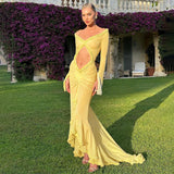 Fashionkova  2024 Spring Solid Color Long Sleeve Mesh See Through Low Cut Sexy Floor Tassel Evening Dress