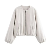 Fashionkova Zipper Woolen Solid Women Jacket Full Sleeve Pocket Female Coat 2024 Casual Fashion Autumn Loose O Neck Warm Soft Lady Outwear