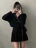 Fashionkova Casual Knitted 2 Piece Set Single Breasted V-neck Top + High Waist Mini Pleated Skirt Autumn Spring Korean Fashion Solid Outfits