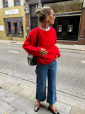 Fashionkova Christmas outfit Chic Red O-neck Pullover Sweater For Women Elegant Long Sleeves Casual Loose Knitted Tops 2024 Autumn Lady New Fashion Jumpers