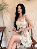 Fashionkova Medieval Retro Satin Mini Dress Women Jacquard Floral Lace Trim Cami Rompers Going Out Summer Party Desire One-piece