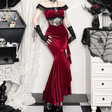 Fashionkova Christmas outfit New Socialite Style Queen Sexy Slim Fit One Shoulder Velvet Irregular Slit Dress For Women  XS24241AHO