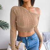 FashionKova Sexy Knitted Sweater Women Sexy One Shoulder Crop Top Casual Long Sleeve Tops  Hollow  Autumn Winter Pullover