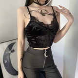 Black top Vintage Gothic Velvet Black Women Camis Grunge Punk Sexy Lace Trim Bodycon Crop Tops Elegant Backless Emo Streetwear