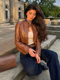 Fashionkova Chic Brown Stand Collar Full Sleeve Woman Short Leather Coat Retro Solid Color Zipper Slim Jacket 2024 New Fall Commuter Wears