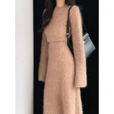 Fashionkova Autumn Winter Women Two Piece Outfits Sweater Set Elegant Vintage Slim Plush Long Sleeve Short Knit Pullover and Long Skirt Suit