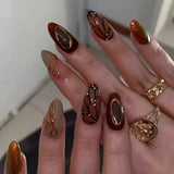 Fashionkova 24pcs Leopard Print Fake Nails with Glue Almond Acrylic Press on False Nails Gold Lines French Nail Tips Sweet Cool Autumn Nails