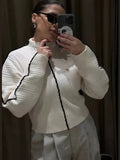 Fashionkova Women Elegant Contrast Stitching Knitted Pullover Casual O-neck Long Sleeves Warm Sweater 2024 Lady Autumn Commute Streetwear