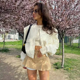 Fashionkova Woman Bomber Jacket Coat White Autumn Winter Button Baseball Aviator Cropped Jackets for Women Long Sleeve Crop Outerwear