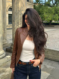 Fashionkova Chic Brown Stand Collar Full Sleeve Woman Short Leather Coat Retro Solid Color Zipper Slim Jacket 2024 New Fall Commuter Wears